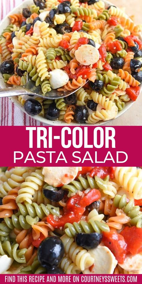 Diy Pasta Salad, Color Pasta Salad, Rainbow Pasta Salad, Tri Color Pasta Salad, Rotini Pasta Recipes, Rotini Pasta Salad, Tri Color Pasta, Easy Italian Pasta Salad, Rainbow Pasta