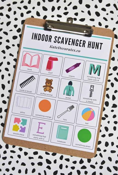 FREE Printable: Indoor Scavenger Hunt for Kids | Kate Decorates Indoor Kid Activities, Indoor Scavenger Hunt For Kids, Picture Scavenger Hunts, Preschool Scavenger Hunt, Indoor Scavenger Hunt, Crayon Book, Book Scarf, Printable Games For Kids, Household Objects