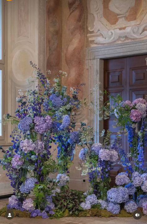 Hydrangea Floral Installation, Hydrangea Floor Arrangement, Hydrangea Flower Arch, Blue Purple Wedding Decorations, Purple Hydrangea Wedding, Ceremony Installation, Wildflower Wedding Theme, Purple And Green Wedding, Hydrangea Wedding