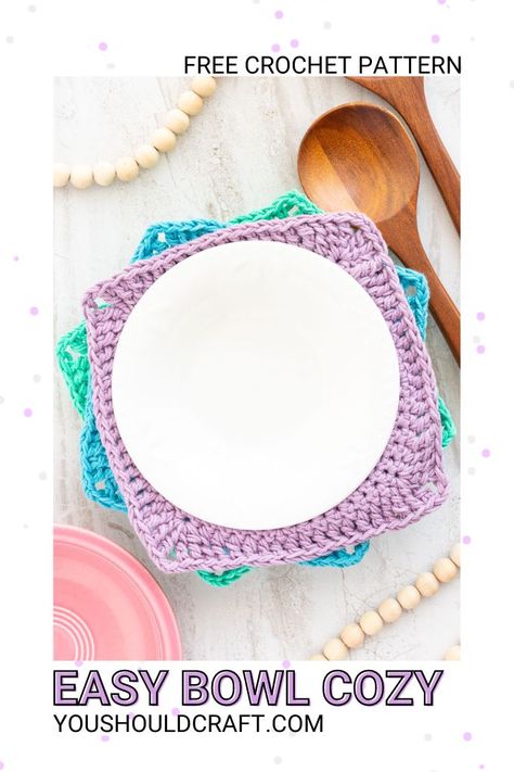 Crochet Bowl Cosy Free Pattern, Crochet Hot Bowl Holder, Crocheted Bowls Pattern Free, Soup Bowl Cozy Pattern Easy Crochet, Bowl Koozie Pattern Crochet, Crochet Soup Bowl Cozy, Crochet Bowl Cozy Pattern, Crocheted Bowl Cozy, Small Bowl Cozy Pattern Free