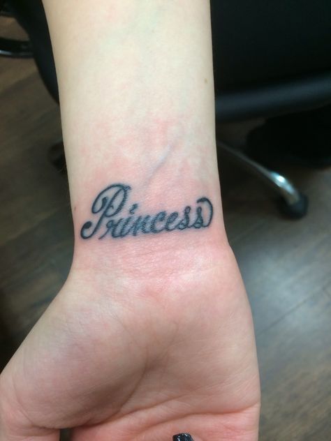 "Princess" wrist tattoo Princess Wrist Tattoo, Princess Hand Tattoo, Princess Tattoo Writing, Small Tattoos Wrist, Princess Tattoo Ideas, Princess Tattoos, Princess Tattoo, Pretty Hand Tattoos, Pretty Tattoos For Women