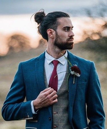 Mens Wedding Hairstyles, Long Slicked Back Hair, Formal Wedding Hairstyles, Man Bun Top Knot, Fall Groom, Wedding Haircut, Man Bun Hairstyles, Wedding Bun, Wedding Bun Hairstyles