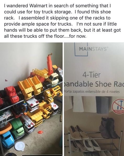 Use a shoe rack for Toy Truck storage                                                                                                                                                                                 More Big Toy Truck Storage, Big Truck Storage Ideas, Organizing Big Toy Trucks, How To Organize Big Toy Trucks, Play Truck Storage, Toy Truck Storage Ideas Playroom, Shoe Rack For Toy Trucks, Boys Big Truck Storage, Large Toy Vehicle Storage