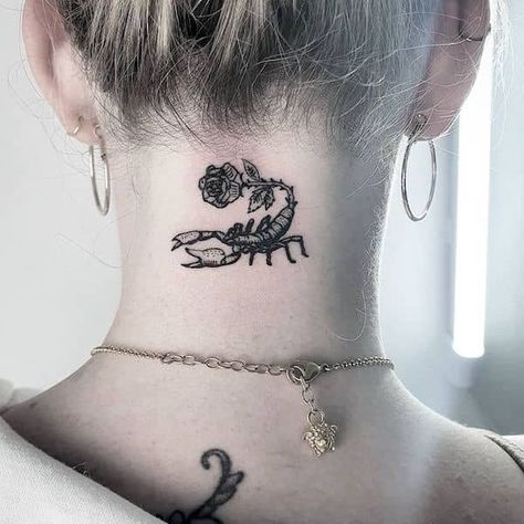 69 Scorpio Tattoos For The Mysteriously Attractive Sign Neck Tattoos For Women, Rose Neck Tattoo, Scorpio Tattoos, Horoscope Tattoos, Scorpio Tattoo, Girls With Sleeve Tattoos, Palm Tattoos, Back Of Neck Tattoo, Neck Tattoos Women