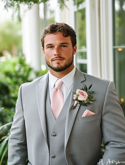 Ready to tie the knot in style? Our groom’s suit collection at Suit Century offers impeccable designs that ensure you look your best on the big day. From classic black tuxedos to modern gray suits, we've got you covered. Elevate your wedding day look with us!   #SuitCentury #GroomStyle #WeddingDay Grey Suit Pink Tie Wedding, Gray Groom Suit Wedding, Grey And Pink Suits For Men, Dusty Rose Wedding Groom, Grey And Pink Groomsmen Suits, Gray Suit Pink Tie, Groom Suit Pink Tie, Grey Suit With Pink Tie, Grey Suit For Wedding