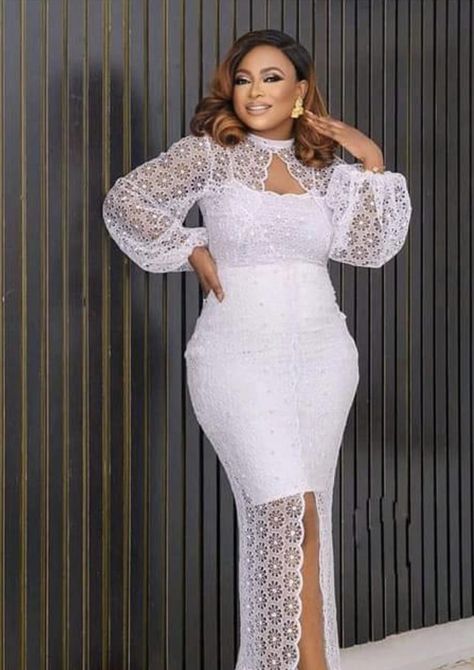 Long White Lace Dress Styles Nigerian, Short White Lace Dress Styles Nigerian, Long Lace Dress Styles Nigerian, Ankara Lace Dress Styles For Weddings, White African Lace Styles, White Dress For Naming Ceremony In Ghana, White Lace Dress Styles Ghana For Naming Ceremony, Lace White Dress Short Classy, White Long Lace Dress