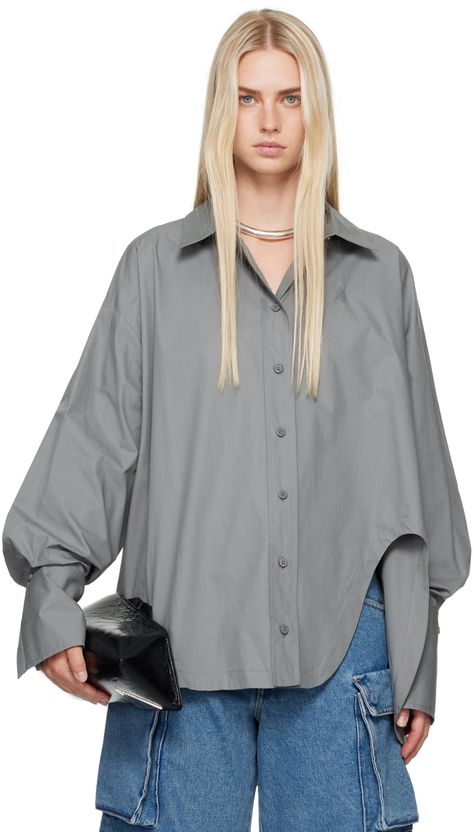 Cotton poplin shirt. · Spread collar · Button closure · Logo embroidered at chest · Asymmetric droptail hem · Dropped shoulders · Extended adjustable single-button barrel cuffs · Box pleat at back yoke Supplier color: Grey Balloon Sleeve Shirt, Drop Shoulder Shirt, Poplin Blouse, The Attico, Cotton Poplin Shirt, Button Down, Poplin Shirt, Embroidered Shirt, Logo Embroidered