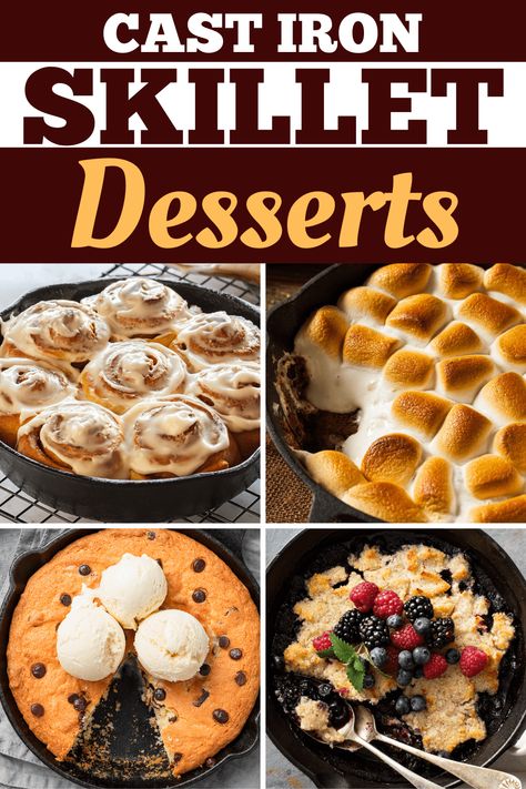 Cast iron skillet desserts are quick, easy, and so much fun to eat! From cobblers to cakes to biscuits, you'll flip for these cast iron treats. Small Cast Iron Skillet Recipes Desserts, Recipes To Make In Cast Iron Skillet, Easy Skillet Desserts, Cast Iron Baking Recipes, Cast Iron Skillet Recipes Dessert, Camping Desserts Easy, Cast Iron Dessert Recipes, Iron Skillet Desserts, Cast Iron Desserts