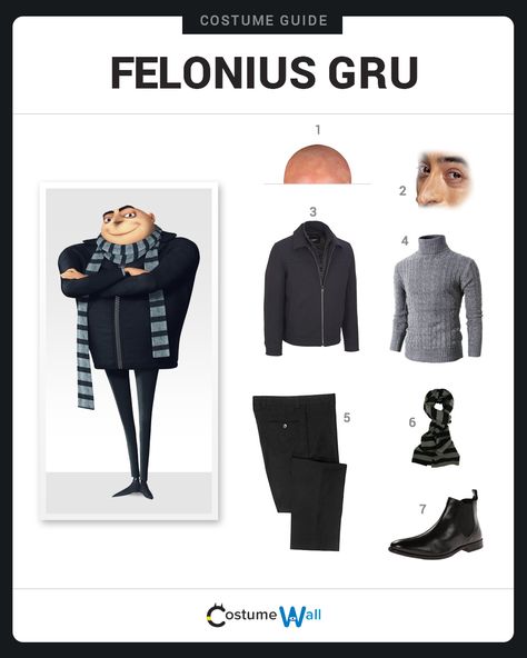 Dress Like Felonius Gru from Despicable Me. See additional costumes and cosplays of Gru. Diy Gru Costume Despicable Me, Minion Movie Outfit, Gru And Victor Costume, Despicable Me Outfit Ideas, Gru Outfit Despicable Me, Gru Halloween Costume Girl, Gru Minion Costume, Despicable Me Outfits, Funny Character Halloween Costumes