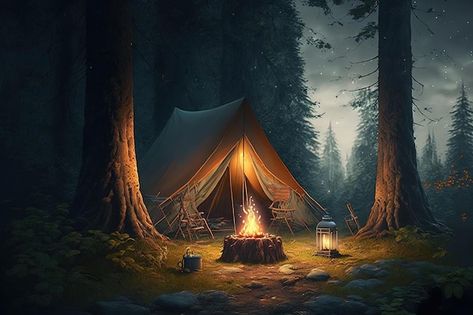 Photo camping at night in the forest wit... | Premium Photo #Freepik #photo #dark-forest #summer-garden #landscape-design #nature-trees Fantasy Camping, The Forest Game, Camping In Forest, Campsite Design, Cosy Camping, Camping At Night, Fantasy Camp, Night In The Forest, Landscape References