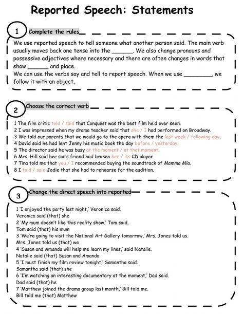 Reported Speech English as a Second Language (ESL) ficha. Puedes hacer los ejercicios online o descargar la ficha como pdf. Parts Of Speech Worksheet, Song Worksheet, Personal Pronouns Worksheets, Adjectives Grammar, Conjunctions Worksheet, 2nd Grade Reading Worksheets, Singular Plural, Direct And Indirect Speech, Persuasive Writing Prompts