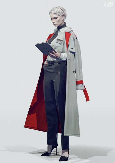 Trench Coat Character Design, Scifi Lab, Scifi Outfit, Sci Fi Outfits, Sci Fi Uniform, Sci Fi Outfit, Sci Fi Character Design, Sci Fi Clothing, Cyberpunk Female