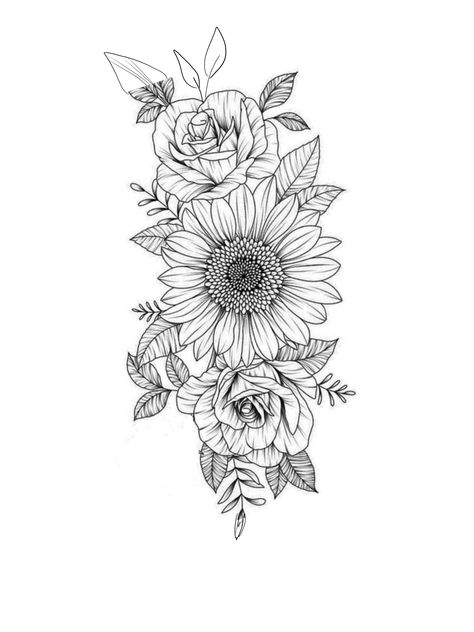 Roses And Sunflowers Drawing, Sunflower Tattoo Template, Roses And Sunflowers Tattoo Half Sleeves, Sunflower And Roses Tattoo, Sunflower Tattoo Sketch, Sunflower Vine Tattoo, Sunflower And Sun Tattoo, Sunflower Tattoo Design Drawings, Sunflower Forearm Tattoo