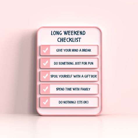 🌟 Long Weekend Checklist 🌟 This long weekend, prioritize self-care and quality time. Here's your checklist for a rejuvenating and memorable break: ✅ Give Your Mind a Break: Take a pause from the daily grind. Let your mind relax and wander. Meditate, read, or simply find a peaceful spot to clear your thoughts. ✅ Spoil Yourself with a Pamper Gift Box: Treat yourself like the royalty you are! Invest in a luxurious pamper gift box filled with skincare, scented candles, and your favourite goodies! Weekend Checklist, Mind Relaxation, Pampering Gifts, Daily Grind, Spoil Yourself, Long Weekend, Quality Time, Treat Yourself, Scented Candles