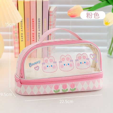 Kawaii Kit Cartoon Large Capacity Transparent Portable Pencil Cases Student Storage Bag Cute Makeup Bag Stationery Box School| | - AliExpress Pencil Case Organizer, Student Storage, Large Pencil Case, Cute Pencil Case, Kawaii Pens, Stationery Essentials, Cute Stationary, Bunny Designs, Kawaii Stationery