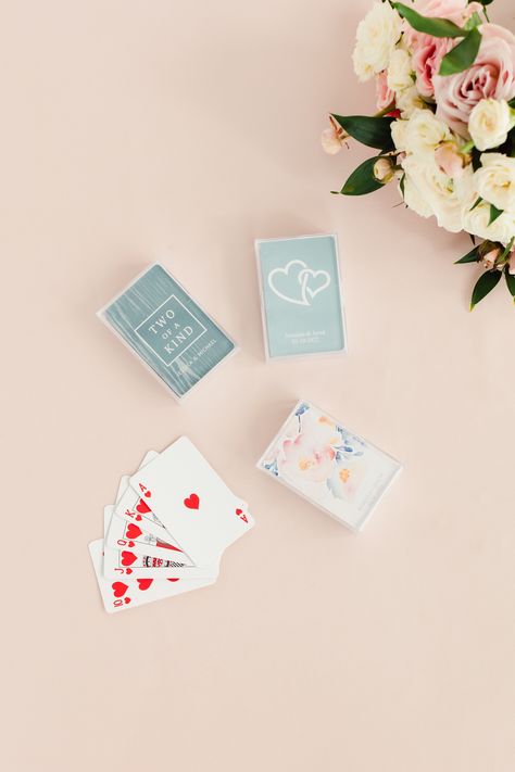 Perfect for guests at a bridal shower or wedding reception, a custom deck of cards is the best party favor! These cool cards can also be personalized with monogrammed initials, set of names, or wedding date to add a custom, more personal touch. Available in a variety of designs and colors to match your wedding or party theme. Deck Of Card Wedding Favors, Wedding Deck Of Cards, Elevated Garden, Custom Playing Cards, Custom Deck Of Cards, Guest Signing, Best Party, Wedding Date, Playing Card