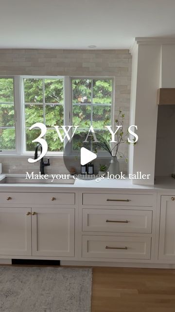 Ally • Home Inspo on Instagram: "Comment SAVE and I’ll send these tips to your DM!  We have 8 ft ceilings so I needed to leverage ALL the tricks to make our ceilings seem taller in this reno …I’m 5 ft 9 too, so I definitely feel the low ceilings…with these 3 tips, I truly feel like my kitchen is higher, even though it isn’t. 🙌🏻🙌🏻🙌🏻  Here are the tips to save now:  1.  Bring that backsplash tile ALL the way up to the ceiling.  It is more expensive, but makes such a big impact and your ceilings will definitely look taller  2.  Bring those cabinets ALL the way up to the ceiling.  If you leave a dust collecting gap at the top of your cabinets instead of having them flush with the ceiling, your ceilings will appear shorter 👎🏻   3.  Go for a smooth finish—we used to have a plaster swirl Kitchen Cabinets Pitched Ceiling, Tile Backsplash To Ceiling In Kitchen, How To Bring Cabinets To Ceiling, 8ft Ceiling Kitchen Remodel, Building Kitchen Cabinets To The Ceiling, Backsplash All The Way To Ceiling, Low Ceiling Kitchen Remodel, 10ft Ceiling Kitchen, Kitchens With Low Ceilings