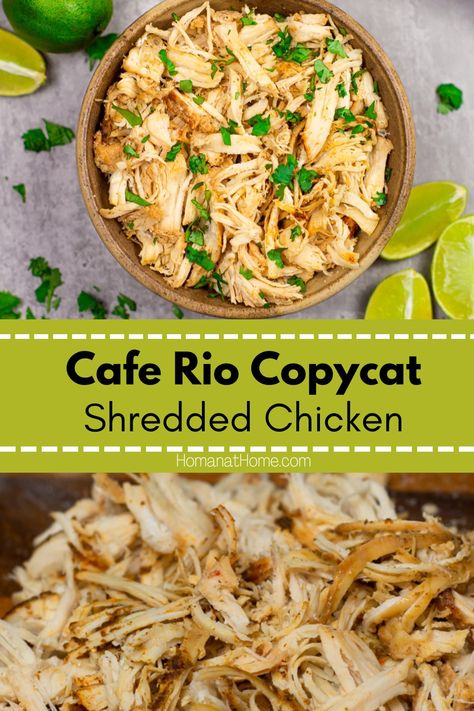 Cafe Rio Shredded Chicken Recipe, Copycat Cafe Rio Chicken, Copycat Cafe Rio, Cafe Rio Recipes, Cafe Rio Chicken, Chicken In The Crockpot, Burrito Recipe Chicken, Shredded Chicken Crockpot, Cafe Rio