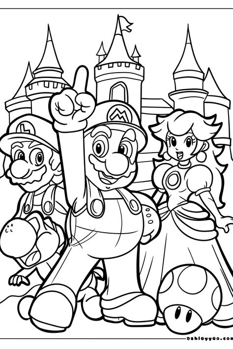 Mario, Luigi, and Princess Peach standing in front of a castle, with a large mushroom on the ground. Mario Coloring, Pikachu Coloring Page, Super Mario Coloring Pages, Fathers Day Coloring Page, Free Kids Coloring Pages, Mario Coloring Pages, Pokemon Coloring Pages, Coloring Page Ideas, Pokemon Coloring