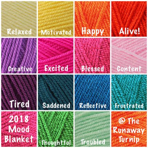 Looking forwards to starting my mood blanket in 2018.    I’ve selected 14 Special DK yarns and assigned them to a mood. Each day I will crochet a small granny square that matches my mood for the day. At the end of the year I’ll have a big blanket that shows my mood throughout the year. :)    @TheRunawayTurnip Mood Blanket Knit, Crochet Mood Blanket Colors, Mood Blanket Crochet Colour, Mood Blanket Crochet Ideas, Mood Crochet Blanket, Year Crochet Blanket, Mood Blanket Crochet, Crochet Mood Blanket, Temp Blanket