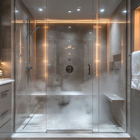 Luxurious modern bathroom with glass-encased shower and contemporary design, featuring steam, granite, glass, and ambient lighting. Steam Bathroom Ideas, Luxury Steam Room, Steam Room Bathroom, Steam Shower Ideas, Steam Room Ideas, Steam Showers Bathroom Master Bath, Steam Bathroom, Steam Room Shower, Bath Pics