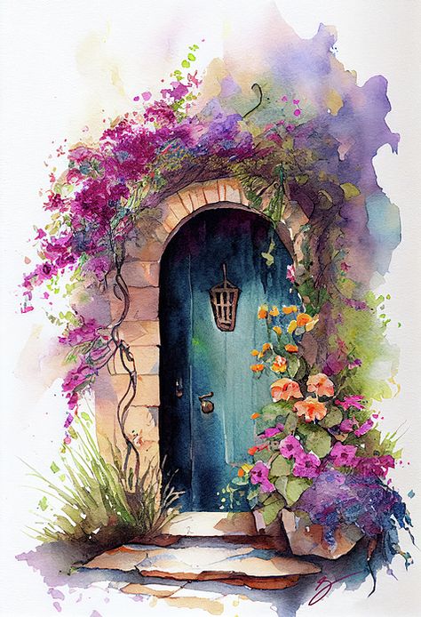 Serene Entryway, by Greg Collins Old Doors Paintings, Water Colors Painting Landscaping, Watercolor Doors Paintings, January Painting, Buildings Painting, Watercolor Door, Tuscan Art, Nature And Architecture, Artwork Unique