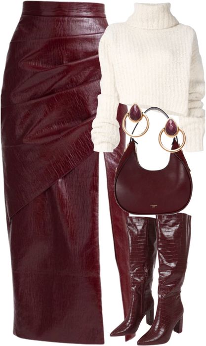 burgundy leather Outfit | ShopLook Burgundy Leather Pencil Skirt, Burgundy Leather Skirt Outfit, Burgundy Shirt Outfit, Burgundy Skirt Outfit, Business Attire Ideas, Leather Skirt Long, Mas Outfits, Go To Outfits, Leather Outfits Women