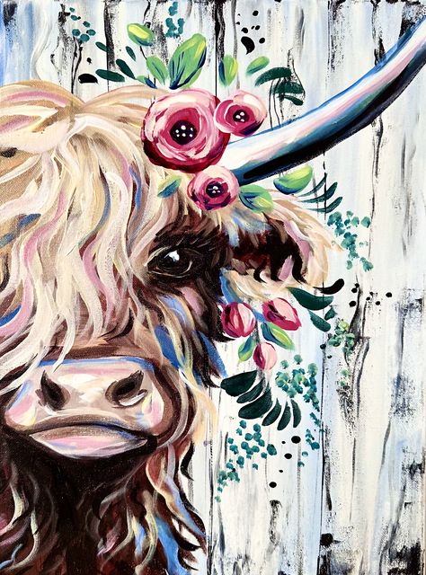 Highland Cow Painting Easy Step By Step, Diy Cow Painting, At Home Art Projects, Highland Cow Painting Easy, Easy Animal Paintings, Painting For Friends, Highland Cow Picture, Starfish Painting, Lantern With Fairy Lights