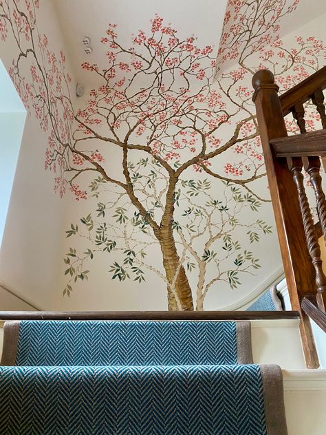 Blossom Tree Mural, Mural On Staircase Wall, Stairs Mural Wall Art, Staircase Murals Stairways, Staircase Wall Mural, Cherry Blossom Tree Mural, Stairway Mural Ideas, Staircase Mural Wall, Mural Hallway