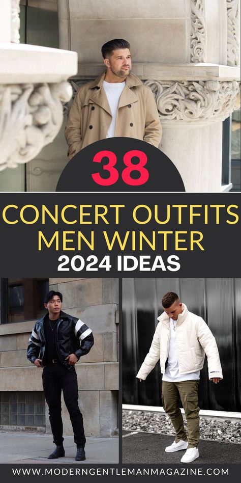 Planning for a winter concert? Here are 38 stylish outfit ideas for men to stay warm and look great. #ConcertOutfits #WinterOutfits #MensFashion Men Concert Outfit Winter, Concert Men Outfit Ideas, Concert Outfit Ideas Men Winter, Men Winter Date Night Outfit, Concert Outfit Men Winter, Mens Nashville Outfits Winter, Outfit For Concert Men, Edm Concert Outfit Men, Winter Clubbing Outfit Men