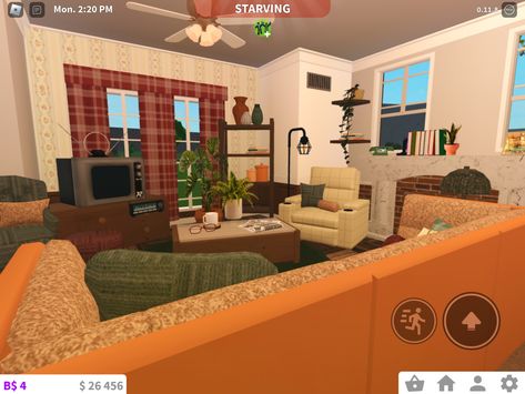 70s House Design Exterior, Retro Bloxburg Room, Trailer Home Bloxburg, Bloxburg 80s House, Bloxburg 70s House, Bloxburg Retro House, Bloxburg Trailer House, Bloxburg Lounge Room, Bloxburg Tricks