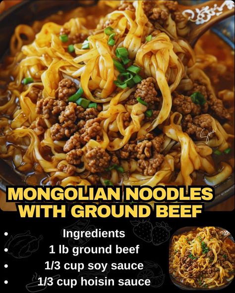 Mongolian Noodles with Ground Beef Beef Broth And Noodles, Ground Beef Mongolian Noodles Recipe, Ground Beef And Rice Noodles, Ground Beef And Edamame, Easy Ground Beef Noodle Recipes, Mongolian Noodles With Ground Beef, Beef Noodles Asian, Hamburger Mongolian Beef, Ground Meat And Noodles Recipes