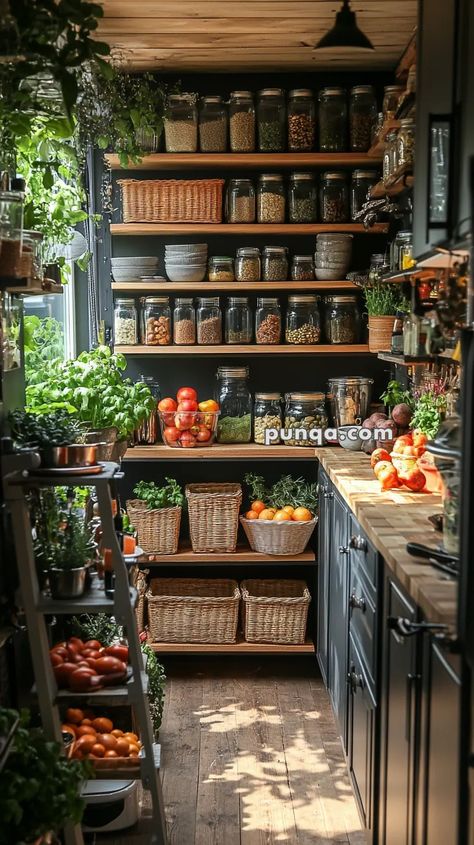 Pantry Perfection: Space-Saving Tips for Small Kitchens - punqa.com Open Pantry Wall In Kitchen, A Bakers Kitchen, Joanna Gaines Pantry, Great Kitchen Ideas, Earthy Small Kitchen, Cottage Core Pantry, Cluttered Kitchen Aesthetic, Barndo Pantry, Modern Apothecary Kitchen