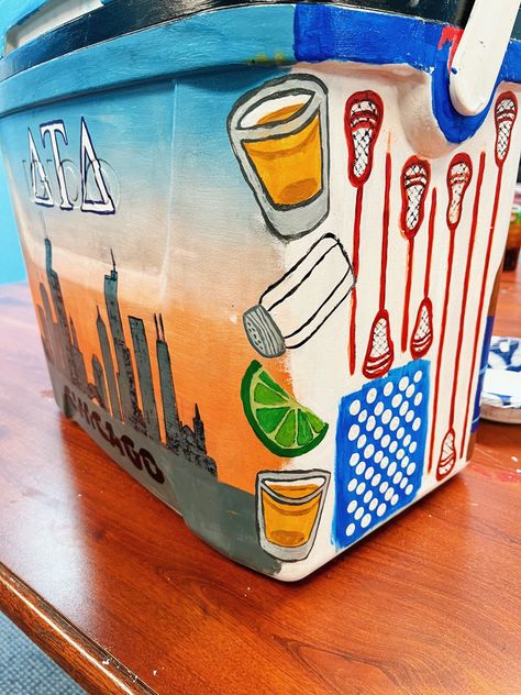 Ato Cooler, Mountain Weekend Cooler, Painted Fraternity Coolers, Tequila Design, Nola Cooler, Diy Beer Pong Table, Beer Painting, Formal Cooler Ideas, Fraternity Formal