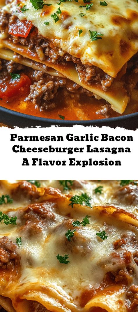 Dive into a flavor sensation with this Parmesan Garlic Bacon Cheeseburger Lasagna! This unique dish combines the comfort of classic lasagna with the savory delight of a cheeseburger, layering meaty goodness, crispy bacon, and a blend of creamy cheeses. Perfect for family dinners or gatherings, it promises to impress your guests and leave them asking for more. It's not only delicious but easy to prepare, making it suitable for both novice and experienced cooks. Get ready to elevate your Parmesan Garlic Bacon Cheeseburger Lasagna, Bacon Cheeseburger Lasagna, Bbq Bacon Cheeseburger Lasagna, Cheeseburger Lasagna Recipe, Cheeseburger Lasagna, Bacon Lasagna, Meaty Lasagna, Lasagna Easy, Work Recipes