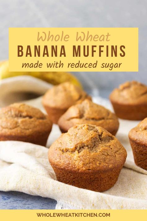 These whole wheat banana muffins are made with reduced sugar, giving you a delicious muffin without all the extra sugar and refined flour. This is a healthier muffin recipe that can be eaten for a healthy breakfast or snack. Go ahead and put those overripe bananas to good use. Wheat Flour Banana Muffins, Whole Wheat Oatmeal Muffins, Whole Wheat Muffin Recipes, Whole Wheat Banana Muffins, Low Sugar Pumpkin Muffins, Low Sugar Banana Muffins, Poppy Seed Muffins Healthy, Whole Wheat Muffins, Ripe Banana Recipe