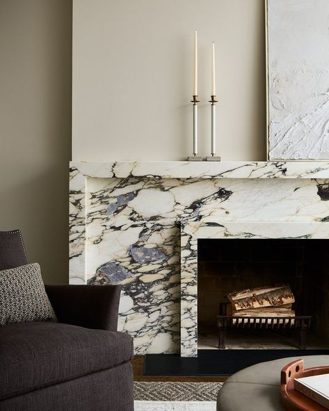 Winnetka Living Room — Anna Knight Interiors Contemporary Fireplace Marble, Standard Fireplace Dimensions, Fireplace On Small Wall, Dramatic Fireplace Wall, Fireplace Flat Wall, Stone Mantle Fireplace, Marble Modern Fireplace, Living Room With Fireplace Modern, Fireplace Flush With Wall