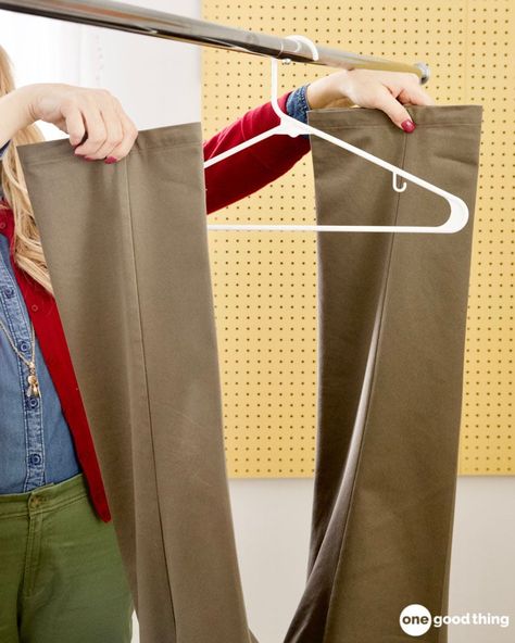 How to hang pants How To Fold Pants, Pants Organization, Hanging Pants, Pant Storage, Pants Hanger, Trouser Hangers, Non Slip Hangers, Hanger Diy, Hanger Clips