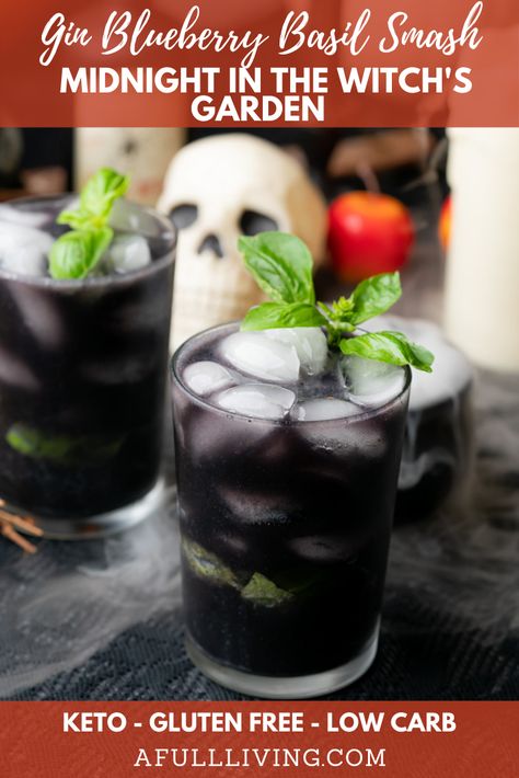 This Gin Blueberry Basil Smash is like Midnight in the Witch’s Garden, made sugar free, low carb and keto friendly! This creepy drink is just in time for Halloween. Tasty and spooky, made jet black with activated charcoal powder and blueberries. Combine with gin, fresh lemon juice, muddled basil leaves, and diet ginger beer for a refreshing botanical drink. #AFullLiving #KetoCocktails #HalloweenRecipes #HalloweenCocktails #SpookyCocktails Black Mimosa Drink, Black Gin Cocktail, Low Carb Halloween Cocktails, Keto Halloween Cocktails, Halloween Gin Drinks, Low Sugar Halloween Cocktails, Halloween Whiskey Cocktails, Gin Halloween Cocktails, Halloween Cocktails Gin