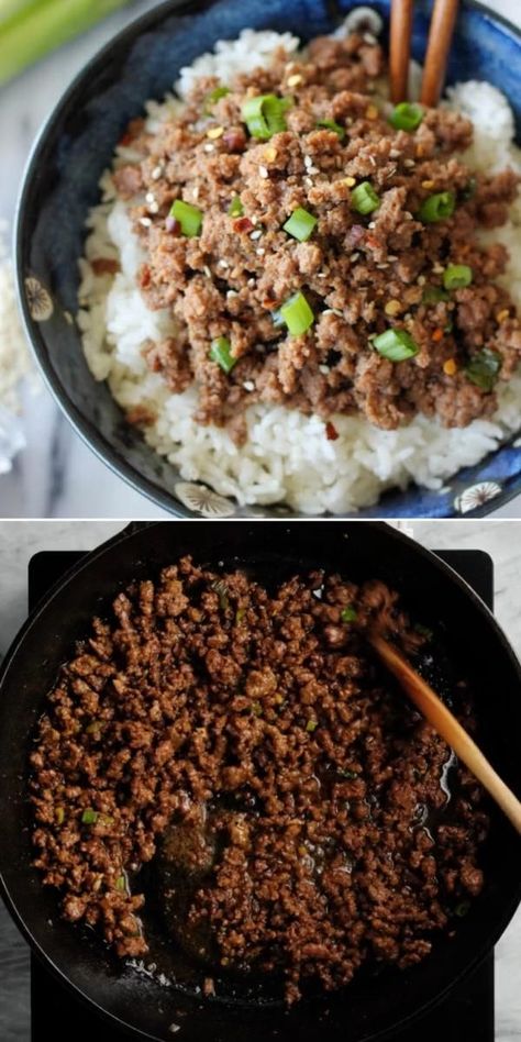 KOREAN BEEF BOWL Korean Bbq Ground Beef, Bbq Ground Beef, Korean Beef And Rice, Ground Beef Bowl, Korean Beef Recipe, Korean Bbq At Home, Mini Meatloaf Muffins, Dinner Ground Beef Recipes, Bbq At Home