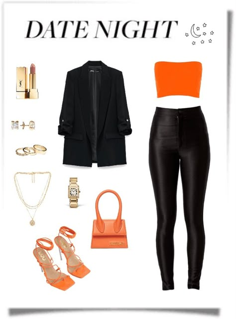 Trendy Orange Outfits, Orange Heels Outfit Summer, Bright Orange Top Outfit, Outfits With Orange Heels, Black Dress Orange Heels, Orange And Black Outfits For Women, Casual Outfits Sandals, Orange Top Outfit Ideas, Orange Top Black Pants