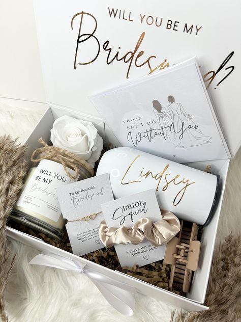 Brides Maid Gifts On Wedding Day, Elegant Bridesmaid Boxes, Will You Be My Bridesmaids Gifts, Engagement Gifts For Friend, Wedding Party Boxes Be My Bridesmaid, Bridesmaid Box Gifts, Bridesmaids Proposal Box Ideas, Proposal Boxes For Groomsmen, Bridemade Box Ideas