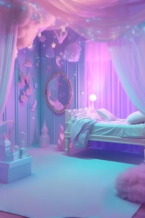 a mermaidcore aesthetic bedroom. with iridescent silk bedding and pillows. hanging stars and sheer curtains that resemble waves. a blue carpet and golden mirror. Pink And Purple Bedroom, Mermaid Room Decor, Vibe Bedroom, Pastel Bedroom, Mermaid Bedroom, Ocean Room, Mermaid Room, Fantasy Rooms, Purple Bedroom