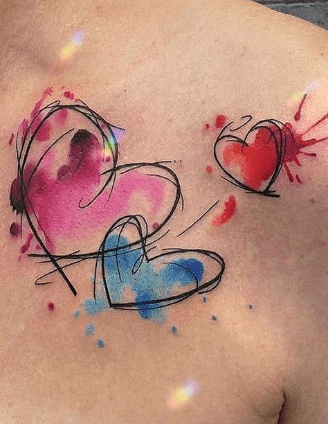 Pink Watercolor Tattoo, Splash Color Tattoo, Watercolour Heart Tattoo, Watercolour Tattoo Ideas, Airbrush Tattoo Designs, Watercolor Sleeve Tattoo Women, Colour Splash Tattoo, Heart Watercolor Tattoo, Watercolor Tattoo For Women