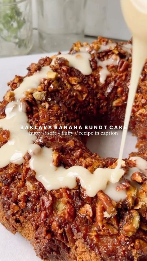 BAKLAVA BANANA BUNDT CAKE  A cross between baklava and banana bread?! Oh, count me in 🤝 This baklava banana bundt cake is soft, fluffy, has swirls of banana bread granola butter throughout and is topped with a silky honey glaze to make for the best sweet treat with a cup of coffee in hand 🤎 recipe below! #Recipe Details: Ingredients: - 1 cup mashed ripe banana (2-3 bananas) - 1 egg - ½ cup buttermilk (or 1/2 cup milk + 1 1/2 tsp vinegar) - 1 cup coconut oil, melted - 2 tsp vanilla extract - ¾ Buttermilk Loaf, Banana Bread Granola, Granola Butter, Banana Bundt Cake, Banana Coffee Cakes, Banana Bundt, Gift Instagram, Coffee In Hand, Cinnamon Honey