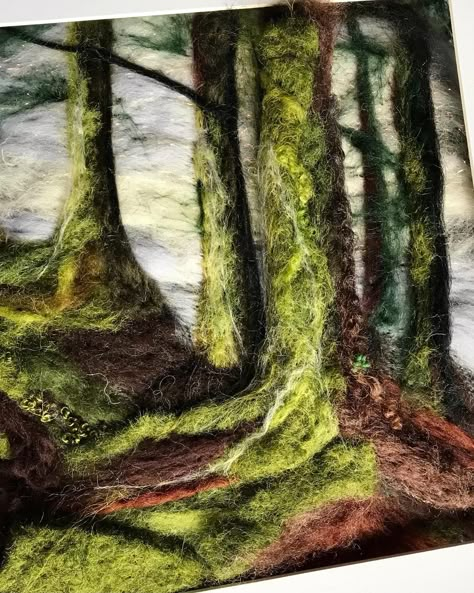 WIP . More layers added to build up the forest floor. I’ve felted thick mats of wool, then cut shapes of moss and felted them in to give the depth. Lots more to do ! Have a special commission I’m working on as well , something very different to work on 😊.#wip #wipfolksy #needlefeltedpicture #woolart #fibreartist #yorkartist #natureinspired #paintingwithwool #trees #folksyshop Felting Pictures Ideas, Needle Felted Trees, Needle Felted Pictures, Needle Felted Landscapes, Needle Felting Pictures, Felt Aesthetic, 2d Needle Felting, Felting Landscapes, Needle Felted Tree