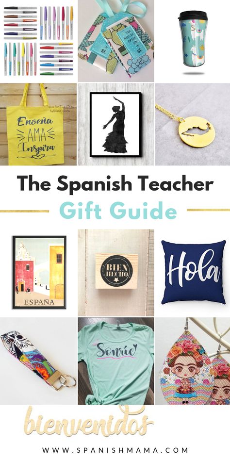 Tons of Spanish teacher gift ideas for all budgets! You can't wrong with these suggestions-- there's something for everyone here. #spanishteachersgifts #spanishteacher #spanishteachers #gifts #regalos #giftguide #holiday #teacherappreciation via @eealvarado Spanish Gifts, Teacher Gift Guide, Spanish Teacher Gifts, Spanish Teacher Resources, Teacher Survival, Teacher Retirement Gifts, Teacher Gift Ideas, Graduating Teacher, Employee Appreciation Gifts