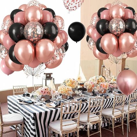 Patoom Pink and Black Balloons, 12 Inch 60 Pcs Metallic Rose Gold Confetti Latex Balloons with Ribbons for Birthday Graduation Baby Shower Wedding Engagement Birthday Bridal Shower Party Decoration Pink And Black Balloons, Baby Dinner, Music Themed Parties, White Baby Showers, Rose Gold Confetti, Metallic Rose Gold, Black And White Baby, Black Balloons