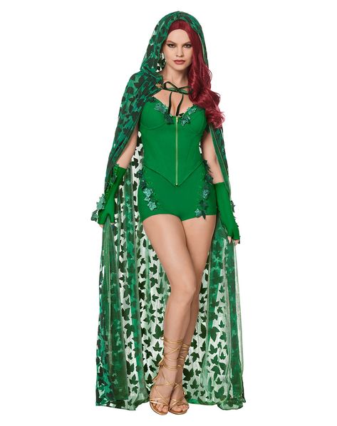 Become Poison Ivy in this mean, green costume! This stunning Poison Ivy costume includes a green corset and matching shorts, a floor-length hooded cape that ties at the neck, and green fingerless gloves. You'll turn heads as you demonstrate your supernatural control over plant life in a gorgeous sheer cape! Officially licensed Includes: Corset Shorts Hooded cape Fingerless gloves Material: Polyester, rayon, nylon, spandex Care: Spot clean Imported Note: Shoes and wig sold separately Poison Ivy Costume Diy, Poison Ivy Dress, Green Fingerless Gloves, Poison Ivy Halloween Costume, Batman Costume Diy, Poison Ivy Costume, Green Costume, Ivy Costume, Poison Ivy Cosplay