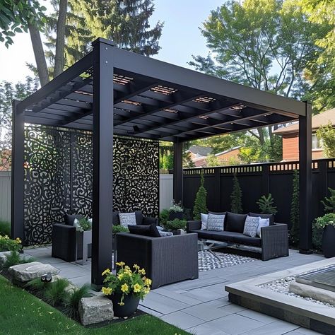 Patio With Jacuzzi, Black And White Backyard, Outside Pergola, Pergola Landscaping, Terrace Seating, White Backyard, Black Pergola, Rooftop Patio Design, Conservatory Design